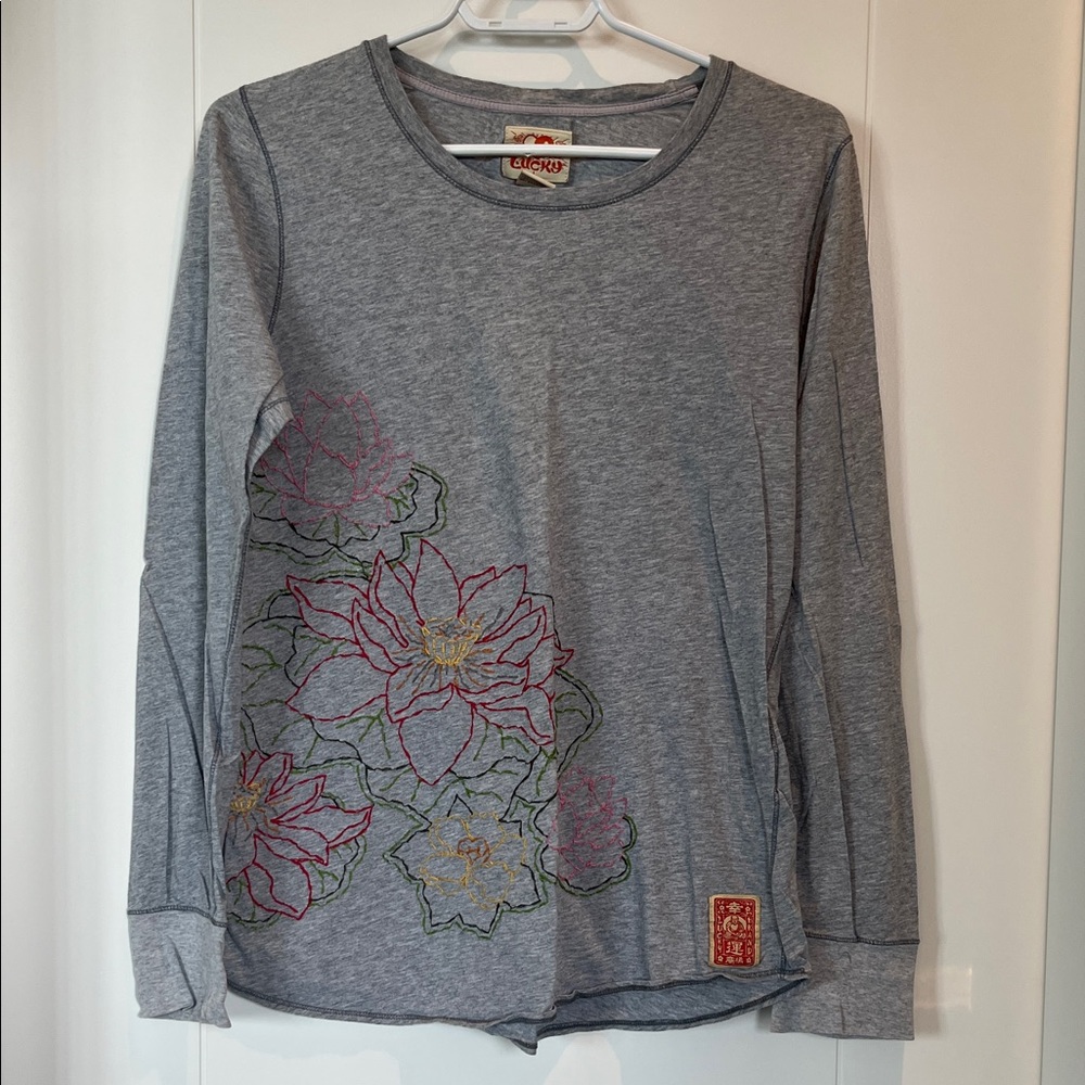 Lucky Brand Gray Long Sleeve Embroidered Tee with Floral Design